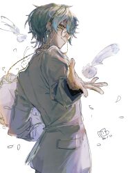  1boy bouquet chinese_commentary closed_mouth commentary_request eyewear_strap formal glasses gouzhiyi green_eyes grey_hair grey_jacket highres holding holding_bouquet ike_eveland jacket long_sleeves looking_back male_focus nijisanji nijisanji_en quildren_(ike_eveland) reaching reaching_towards_viewer short_hair simple_background sketch smile upper_body virtual_youtuber white_background 