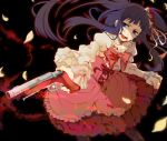  bangs black_background blood blood_on_face blood_on_hair bloody_clothes blue_eyes blue_hair bow choker corset dress flower frills furudo_erika gun hair_flower hair_ornament holding long_hair open_mouth pantyhose petals print_legwear puffy_sleeves red_rose ribbon rose rouki_isago smoke smoking_gun solo teeth twintails umineko_no_naku_koro_ni weapon when_they_cry_4 