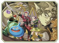  1girl 2boys 4others aged_down black_hairband blue_eyes border character_request colored_skin commentary_request demon_boy dragon dragon_quest dragon_quest_iv dragon_quest_monsters_3 dress elf fizzy_(dragon_quest) floating_clothes floating_hair fuzzy_(dragon_quest) green_neckerchief hairband headband hero_(dq4) highres holding holding_sword holding_wand holding_weapon long_hair looking_back multiple_boys multiple_others neckerchief parted_hair pink_hair pink_skin pisaro pointed_footwear pointy_ears red_eyes red_headband rosalie_(dq4) shield slime_(dragon_quest) slime_stack sword toriyama_akira_(style) wand weapon white_border white_hair yuto_sakurai 