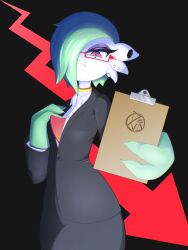 1girl :< arrow_(symbol) artist_name black_background black_jacket black_skirt bob_cut breasts chromatic_aberration clipboard closed_mouth clothed_pokemon collared_shirt colored_skin commentary cowboy_shot deva.png earrings english_commentary eyeshadow formal gardevoir glasses green_hair green_skin hair_over_one_eye half-closed_eyes hand_on_own_chest hand_up highres holding holding_clipboard jacket jewelry long_sleeves looking_at_viewer makeup mole mole_under_eye multicolored_skin multiple_earrings neck_ring office_lady one_eye_covered pencil_skirt pokemon pokemon_(creature) purple_eyeshadow red-framed_eyewear red_eyes semi-rimless_eyewear shirt short_hair skirt skirt_suit small_breasts solo split_mouth standing suit two-tone_skin underlighting watermark white_shirt white_skin 