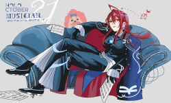  1girl ahoge alternate_costume alternate_hairstyle blue_fire bobby_(elizabeth_rose_bloodflame) braid breasts dog elizabeth_rose_bloodflame fire formal frilled_pants frilled_sleeves frills highres hololive hololive_english huge_ahoge long_hair pants red_eyes redhead set7 smile very_long_hair virtual_youtuber 