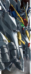  blurry blurry_foreground electricity glowing glowing_eye green_eyes gundam gundam_hathaway&#039;s_flash highres iknsk machinery mecha mecha_focus mobile_suit motion_lines no_humans reaching reaching_towards_viewer robot science_fiction signature upper_body v-fin xi_gundam 