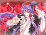  flower frills haru_aki kamui_gakupo male mouth_hold nail_polish ponytail purple_eyes purple_hair rose sparkle vocaloid 