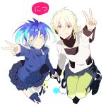  1boy 1girl blue_hair ene_(kagerou_project) grin headphones holding_hands kagerou_project konoha_(kagerou_project) long_hair oka_(a.m.) red_eyes smile twintails v white_hair 
