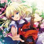  blonde_hair blue_eyes cover flower guitar hands instrument kirisame_marisa mikami_mika outstretched_arm outstretched_hand reaching ribbon touhou 