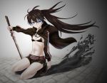  bikini_top black_hair black_rock_shooter black_rock_shooter_(character) blue_eyes boots darkness g-tetsu glowing glowing_eyes navel shadow shorts solo sword weapon 