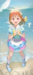  1girl :d absurdres ahoge beach blue_dress blue_footwear bow braid breasts commentary_request dress falling_feathers feathers flower frilled_dress frilled_socks frills full_body green_bow hair_bow hair_flower hair_ornament highres horizon kimi_no_kokoro_wa_kagayaiteru_kai? looking_at_viewer love_live! love_live!_sunshine!! medium_breasts medium_hair ocean official_alternate_costume orange_hair outdoors puffy_short_sleeves puffy_sleeves red_eyes sand_writing shoes short_dress short_sleeves side_braid single_feather smile socks solo standing sunkeun takami_chika teeth upper_teeth_only white_feathers white_flower white_socks yellow_bow 