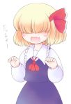  blonde_hair blush_stickers cat_pose fang hair_over_eyes hair_ribbon open_mouth paw_pose ribbon rumia short_hair simple_background solo sotto the_embodiment_of_scarlet_devil touhou translated translation_request youkai 