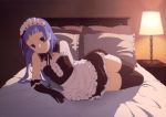  bangs bare_shoulders bed black_legwear blue_hair blunt_bangs bonnet elbow_gloves flat_chest frills gloves gothic highres kannagi lying maid nagi no_panties official_art purple_eyes thigh_highs thighhighs uniform zettai_ryouiki 