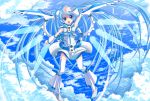  alternate_costume blue_eyes blue_hair boots feathers hatsune_miku highres long_hair mechanical_wings naox sky smile solo thighhighs twintails very_long_hair vocaloid wings wink zettai_ryouiki 