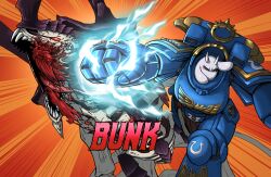  1girl 1other absurdres adeptus_astartes alien animal_ears animal_nose armor blood blue_armor boobplate clenched_hand commentary crossover deltarune electricity eliphusz emphasis_lines english_commentary english_text fewer_digits furry furry_female goat_ears goat_girl goat_horns highres hive_tyrant horns in_the_face jetpack loincloth power_armor punching purity_seal red_eyes solo_focus sound_effects tongue toriel tyranid ultramarines undertale warhammer_40k white_fur 