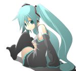  blush breasts digital_media_player earphones hatsune_miku ipod long_hair miko_machi sideboob sitting skirt thigh_highs thighhighs twintails vocaloid zettai_ryouiki 