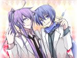  2boys blue_hair doctor glasses haru_aki kaito kamui_gakupo long_hair male glasses ponytail purple_hair scarf short_hair stethoscope syringe vocaloid 