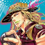  1boy ball beard bridal_gauntlets brown_hair facial_hair gyro_zeppeli hat jojo_no_kimyou_na_bouken lipstick long_hair makeup solo spritzer steel_ball_run violet_eyes 