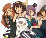  akiyama_mio akiyama_mio_(cosplay) asahina_mikuru blue_legwear blush cosplay crossdressinging don&#039;t_say_&quot;lazy&quot; dress fingerless_gloves gloves green_legwear hat hatsuka_nezumi hirasawa_yui hirasawa_yui_(cosplay) itsuki k-on! koizumi_itsuki kotobuki_tsumugi kotobuki_tsumugi_(cosplay) kyon mini_top_hat nagato_yuki pantyhose parody suzumiya_haruhi suzumiya_haruhi_no_yuuutsu tainaka_ritsu tainaka_ritsu_(cosplay) top_hat v vertical-striped_legwear vertical_stripes 