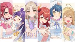  6+girls ahoge antenna_hair black_hair blonde_hair blue_hair blue_ribbon blush bow bowtie braid brown_eyes brown_hair choker closed_eyes crown_braid detached_collar dola_(nijisanji) earrings fangs furukawa_raku gradient_horns grey_eyes hair_bow hair_ornament hair_over_one_eye hoop_earrings horns jewelry lain_paterson long_hair looking_at_viewer midriff multicolored_hair multicolored_horns multiple_girls navel neck_ribbon nijisanji one_eye_closed open_mouth pointing pointing_at_viewer pointing_up purple_bow purple_hair reaching reaching_towards_viewer red_eyes redhead ribbon sailor_collar scrunchie sister_claire skin_fangs smile streaked_hair team_idd_(nijisanji) todo_kohaku tongue tongue_out umise_yotsuha virtual_youtuber white_choker white_sailor_collar wrist_scrunchie yamagami_karuta yellow_bow yellow_bowtie yellow_eyes 