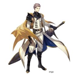  1boy armor belt black_footwear blue_eyes boots cloak closed_mouth full_body grey_hair holding holding_sword holding_weapon huge_weapon jacket looking_at_viewer male_focus military_uniform official_art pants second-party_source sheath shibuhiko shoulder_armor smile solo standing sword ta_ga_tame_no_alchemist transparent_background vermio_(ta_ga_tame_no_alchemist) weapon white_jacket white_pants 