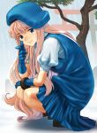  beret blue_eyes crouching dress finger_gun gloves hirokiku long_hair macross macross_frontier pink_hair pointing school_uniform sheryl_nome squatting torii 