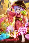  1girl barefoot bowl highres japanese_clothes kimono needle purple_hair red_eyes solo touhou wide_sleeves 
