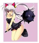  bell blush cat_ears fang golf_club kooh kyoku_tou loli long_hair miniskirt nekomimi one-piece_swimsuit oversized_paw_gloves pangya red_eyes skirt swimsuit twintails white_hair wink 