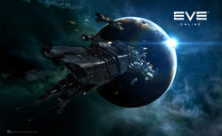  3d artist_request battleship_(eve_online) combat_ship_(eve_online) commentary company_logo company_name copyright_name dated eve_online fleet flying glowing logo military_vehicle nebula official_art outdoors planet radio_antenna realistic rokh_(eve_online) science_fiction space spacecraft 
