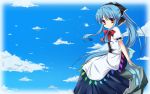 1girl apron arm_support bangs blue_hair bow day hair_bow hinanawi_tenshi long_hair long_skirt luky no_hat no_headwear ponytail red_eyes ribbons sitting sitting_on_rock skirt sky solo touhou wallpaper