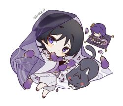  1boy armor black_cat black_hair blunt_ends cat character_doll chibi eyeliner eyeshadow feathers food from_above fruit genshin_impact holding holding_food holding_fruit japanese_armor japanese_clothes kariginu kimono kote kurokote lavender_melon_(genshin_impact) layered_clothes layered_kimono light_blush long_sleeves lying makeup male_focus nbb3 on_side pants petals pom_pom_(clothes) purple_sleeves purple_veil raiden_shogun red_eyeliner red_eyeshadow scaramouche_(cat)_(genshin_impact) scaramouche_(genshin_impact) scaramouche_(kabukimono)_(genshin_impact) see-through_clothes see-through_veil string tearing_up tears twitter_username veil white_pants white_sleeves wide_sleeves yellow_feathers 