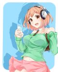  1girl bag breasts brown_eyes brown_hair hataraku_maou-sama! headphones large_breasts minami_machi open_mouth sasaki_chiho short_hair short_twintails simple_background skirt solo twintails 