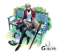  1boy black_footwear black_gloves black_hair black_pants black_shirt cat closed_mouth coat commentary_request cookie creto_(ta_ga_tame_no_alchemist) day food full_body gloves grey_hair highres holding holding_food holster huge_weapon katana long_sleeves looking_at_animal male_focus multicolored_hair official_alternate_costume official_art on_bench pants red_coat red_socks second-party_source shadow shibuhiko shirt short_hair single_glove sitting smile socks solo streaked_hair sweater sword ta_ga_tame_no_alchemist thigh_holster v-neck weapon white_sweater yellow_eyes 