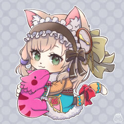  1girl animal_ear_fluff animal_ears blush bow brown_bow brown_coat brown_hair brown_hairband cat_ears cat_girl cat_tail chain clock_hair_ornament closed_mouth coat commentary_request frilled_hairband frills full_body fur_coat green_eyes grey_background hairband highres lizard long_sleeves looking_at_viewer medium_hair nyamen2828 pitaya_(ragnarok_online) polka_dot polka_dot_background ragnarok_online smile solo spirit_handler_(ragnarok_online) tail tail_armor tail_bow tail_ornament 