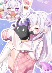 1girl :3 animal antennae ass asymmetrical_legwear biting blush burger candy chibi creature doughnut dragon_girl dragon_tail dreaming eating fetal_position heterochromia horns indie_virtual_youtuber kanzuki_tsunane long_hair mascot momotan nomo_(momotan) oversized_clothes pink_eyes pointy_ears purple_background school_uniform seifuku silver_hair sleeping sleeves_past_fingers slime_(creature) solo stars suspender_skirt suspenders sweatdrop symbol-shaped_pupils tail thighhighs thought_bubble virtual_youtuber white_hair white_pupils wings yellow_eyes
