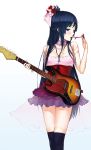  1girl akiyama_mio bangs bass bass_guitar black_hair blunt_bangs blush breasts corset dress flower glasses guitar highres hime_cut instrument k-on! ken-1 long_hair scan see_through skirt solo thigh_highs thighhighs 