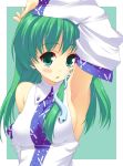  1girl armpits arms_up blush breasts detached_sleeves green_eyes green_hair hyouju_issei kochiya_sanae long_hair open_mouth sideboob snake solo source_request touhou 