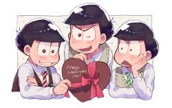  3boys alternate_costume antenna_hair black_hair blunt_bangs brothers brown_eyes brown_vest buttons cloud_print collared_shirt commentary_request cropped_torso english_text fingernails formal green_vest grin hand_on_own_arm hand_on_own_cheek hand_on_own_face happy happy_valentine kanatsuki light_blush long_sleeves looking_at_another looking_at_object looking_at_viewer male_focus matsuno_choromatsu matsuno_karamatsu matsuno_osomatsu multiple_boys necktie nervous one_eye_closed open_mouth osomatsu-san osomatsu_(series) red_necktie shirt short_hair siblings smile striped_necktie sweatdrop sweater_vest thick_eyebrows triangle_mouth v-neck valentine vest white_background white_shirt wide-eyed 