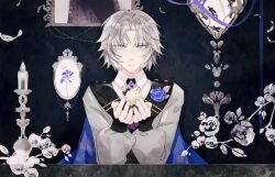  2boys aqua_eyes blonde_hair blue_cape blue_flower blue_gemstone blue_rose bright_pupils candle cape chibi cloud_strife cloud_strife_(ball_gown) collared_shirt commentary_request crossdressing day expressionless facing_away falling_feathers feathers final_fantasy final_fantasy_vii final_fantasy_vii_ever_crisis flower formal gem grey_feathers grey_hair grey_jacket hands_up highres holding_chibi holding_miniperson indoors jacket long_sleeves looking_at_viewer male_focus mini_person miniboy multiple_boys official_alternate_costume painting_(object) parted_bangs puffy_long_sleeves puffy_sleeves rose sephiroth sephiroth_(shinra_formal_uniform) sephiroth_(young) shirt short_hair spiky_hair upper_body white_shirt wxdctc 