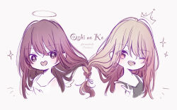  2girls :d ;d blonde_hair braid brown_hair cropped_torso crown_print fang halo heart-shaped_mouth hoshino_ai hoshino_ruby long_hair multiple_girls one_eye_closed oshi_no_ko rncchds smile teeth upper_body upper_teeth_only 