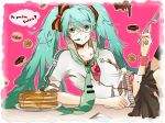  aqua_eyes aqua_hair bad_id bespectacled cake casual chocolate cookie doughnut english food fork glasses hatsuko hatsune_miku headset long_hair lying macaron navel necktie on_side pancake pastry skirt sleeves_pushed_up solo sweets thighhighs twintails vocaloid wristband zipper 