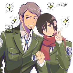  1boy 1girl artist_name beard black_hair brown_hair chienu clenched_teeth closed_mouth commentary_request facial_hair formal grey_eyes jean_kirstein long_sleeves looking_at_viewer mikasa_ackerman multicolored_hair official_alternate_costume red_scarf scarf shingeki_no_kyojin short_hair sideburns smile survey_corps_(emblem) teeth translation_request two-tone_hair v 