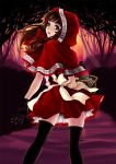  apron basket blue_eyes blush bow brown_hair forest gloves grimm's_fairy_tales highres hood kunishige_keiichi lips little_red_riding_hood little_red_riding_hood_(grimm) long_hair looking_back nature see_through skirt sunset thigh_highs thighhighs 
