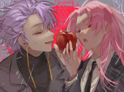  2boys apple artist_collaboration black_jacket black_necktie black_shirt chinese_commentary collared_shirt colored_eyelashes commentary_request earrings edoupaoxiao food formal fruit gouzhiyi hatsutori_hajime highres holding holding_food holding_fruit jacket jewelry lapels long_hair long_sleeves male_focus multiple_boys necktie notched_lapels open_mouth parted_bangs pink_hair purple_hair red_eyes saibou_shinkyoku shirt short_hair smile suit_jacket theodore_riddle upper_body white_shirt 