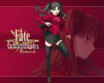  1girl black_hair black_legwear blue_eyes copyright_name fate/stay_night fate/unlimited_codes fate_(series) hair_ribbon long_hair official_art open_mouth red_background ribbon simple_background skirt solo thighhighs toosaka_rin two_side_up wallpaper 