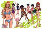  6+girls arm_up barefoot bikini bleach blush braid breasts bun_cover cleavage cleavage_cutout closed_mouth food front-tie_top fruit full_body hair_bun highres hinamori_momo holding holding_food holding_watermelon horizontal-striped_bikini inoue_orihime ise_nanao kurotsuchi_nemu kusajishi_yachiru large_breasts legs lips long_hair looking_to_the_side matsumoto_rangiku midriff mole multiple_girls navel official_art one-piece_swimsuit open_mouth orange_hair ponytail popsicle scanning_artifacts school_swimsuit shihouin_yoruichi side-tie_bikini soifon soles standing striped striped_bikini striped_swimsuit sui-feng swimsuit toes two-tone_bikini two-tone_swimsuit watermelon 