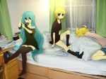  aqua_eyes aqua_hair bad_id bed blonde_hair blue_eyes curtains hatsune_miku highres kagamine_len kagamine_rin long_hair lying mouth_hold pillow short_hair sitting sleeping socks temk thigh-highs thighhighs twintails vocaloid window zettai_ryouiki 