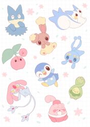  antennae appyon_(archangel_ayp) blue_eyes brown_eyes budew buneary cherubi colored_sclera drooling fangs flower forehead_jewel full_body happiny highres looking_back manaphy mesprit multiple_tails munchlax no_humans pachirisu petals piplup pokemon pokemon_(creature) sitting smile tail two_tails yellow_eyes yellow_sclera 