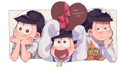  3boys :3 alternate_costume antenna_hair bare_arms black_hair blue-framed_eyewear blunt_bangs box brothers brown_eyes brown_vest buttons cat closed_mouth commentary_request cropped_torso english_text esper_nyanko formal glasses half-closed_eyes hand_on_own_chin hands_on_own_chin happy happy_valentine heart heart-shaped_box heart-shaped_eyewear heart_in_mouth holding holding_box kanatsuki light_blush long_sleeves looking_at_viewer male_focus matsuno_ichimatsu matsuno_jyushimatsu matsuno_todomatsu messy_hair multiple_boys necktie open_mouth osomatsu-san osomatsu_(series) pink_necktie purple_necktie short_sleeves siblings sleeves_past_fingers sleeves_past_wrists smile striped_necktie sweater_vest v-neck valentine vest white_background yellow_necktie 