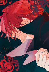  1boy abunaideka arm_up beard_stubble black_cape cape closed_mouth collared_cape commentary_request facial_hair flower hair_between_eyes highres looking_at_viewer male_focus one_piece popped_collar profile red_flower redhead scar scar_across_eye scar_on_face shanks_(one_piece) solo stubble upper_body 