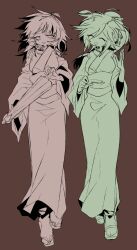  2girls alternate_hair_length alternate_hairstyle amanomiya_jun amanomori_shou antennae breasts brown_background closed_eyes closed_umbrella commentary english_commentary full_body genderswap genderswap_(otf) hairband hand_up highres holding holding_umbrella japanese_clothes kimono len&#039;en ling_s long_hair medium_breasts multiple_girls multiple_monochrome no_nose obi open_mouth ponytail sandals sash simple_background smile umbrella umbrella_hair_ornament zouri 