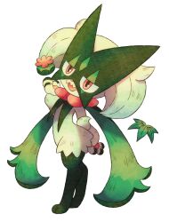  1other animal_feet animal_hands animal_nose arm_behind_back body_fur commentary_request floating floating_object from_side furry green_fur green_hair half-closed_eyes hand_up happy head_tilt looking_at_viewer meowscarada oceannuts open_mouth other_focus partial_commentary pawpads pokemon pokemon_(creature) red_eyes short_hair short_tail smile solo tail two-tone_fur wavy_mouth 