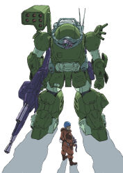  1boy armored_trooper blue_hair chirico_cuvie full_body gun highres mecha mecha_focus missile_pod pilot_suit rifle robot science_fiction scopedog soukou_kihei_votoms weapon yashima_(ds-drive) 
