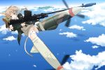  1girl above_clouds animal_ears bad_id blue_eyes braid brown_hair cat_ears cloud gun highres holding_weapon lynette_bishop moso open_mouth panties rifle short_hair single_braid sky strike_witches striker_unit sweater tail underwear weapon white_panties 